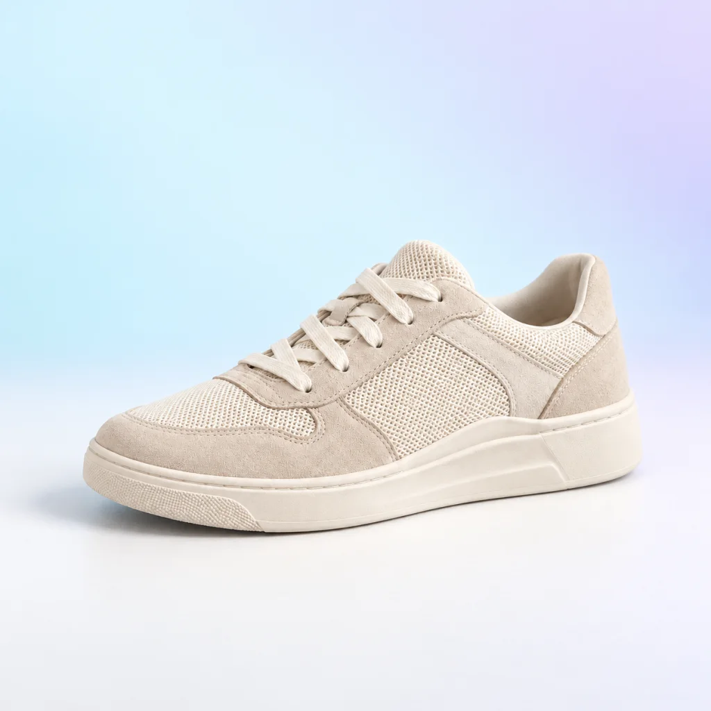 Sesudah: foto sneaker krem dengan pencahayaan studio dan latar cyan–lavender
