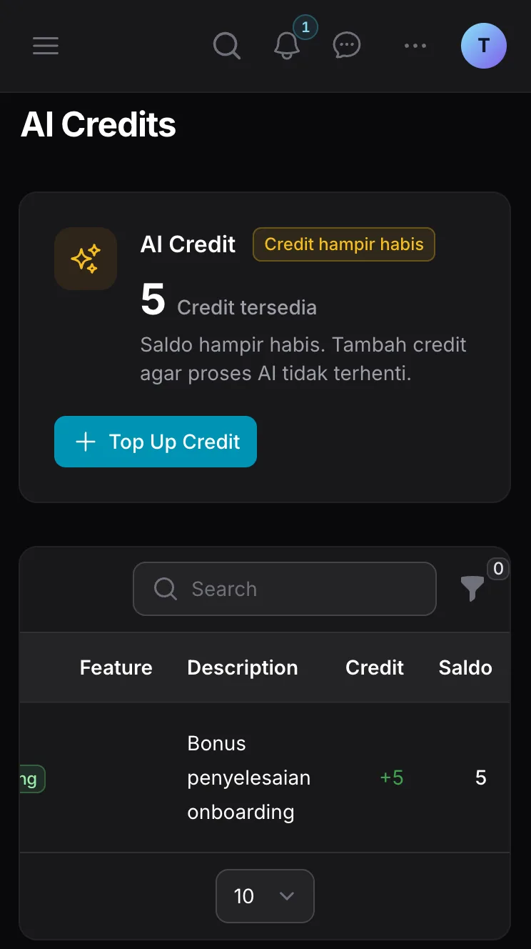 Halaman AI Credits di dashboard Ckout