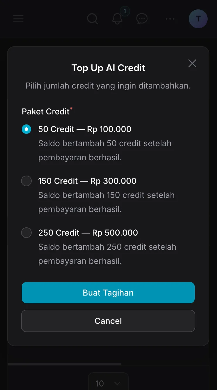 Modal Top Up AI Credit Ckout