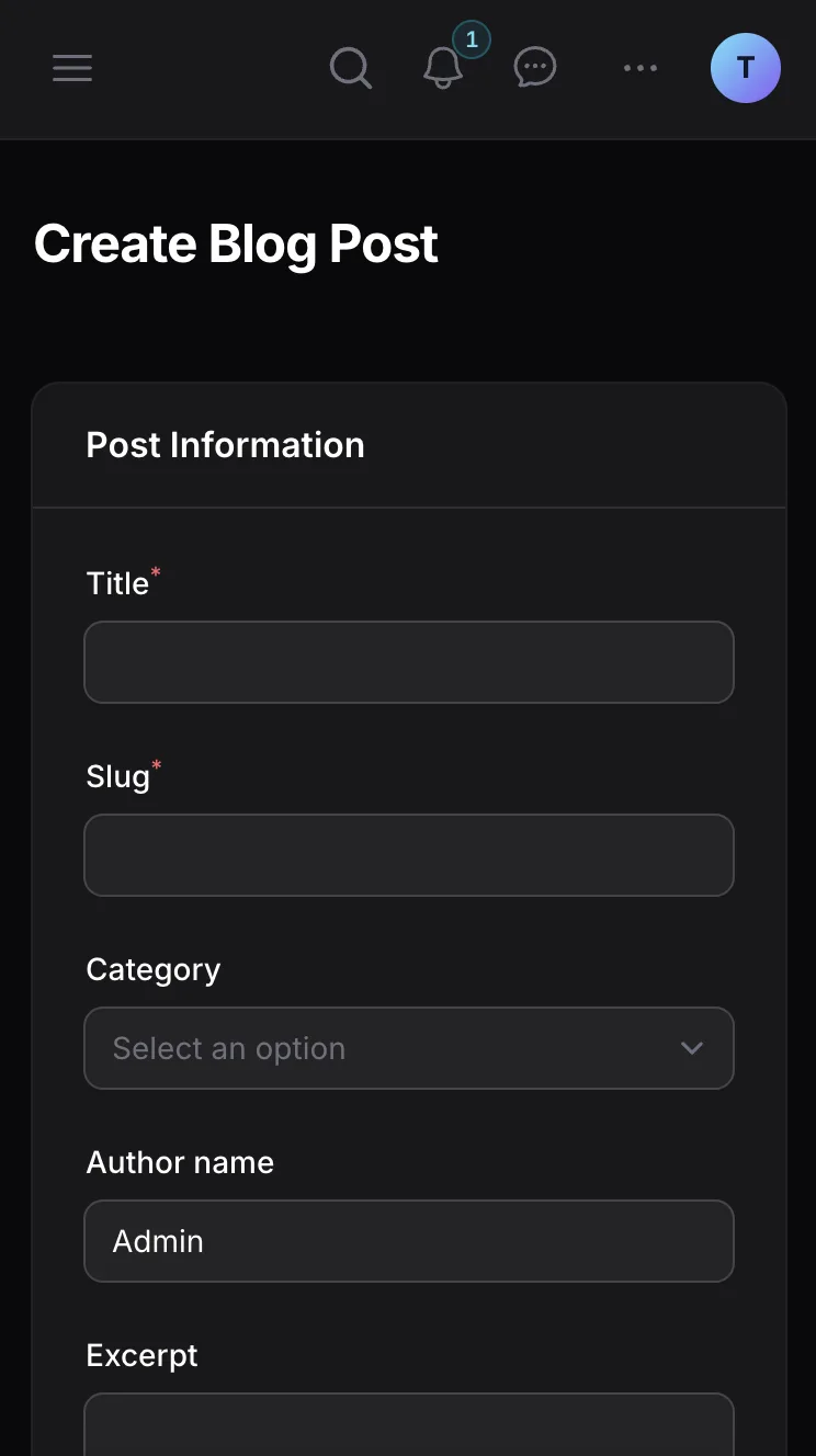 Form Create Blog Post di dashboard Ckout