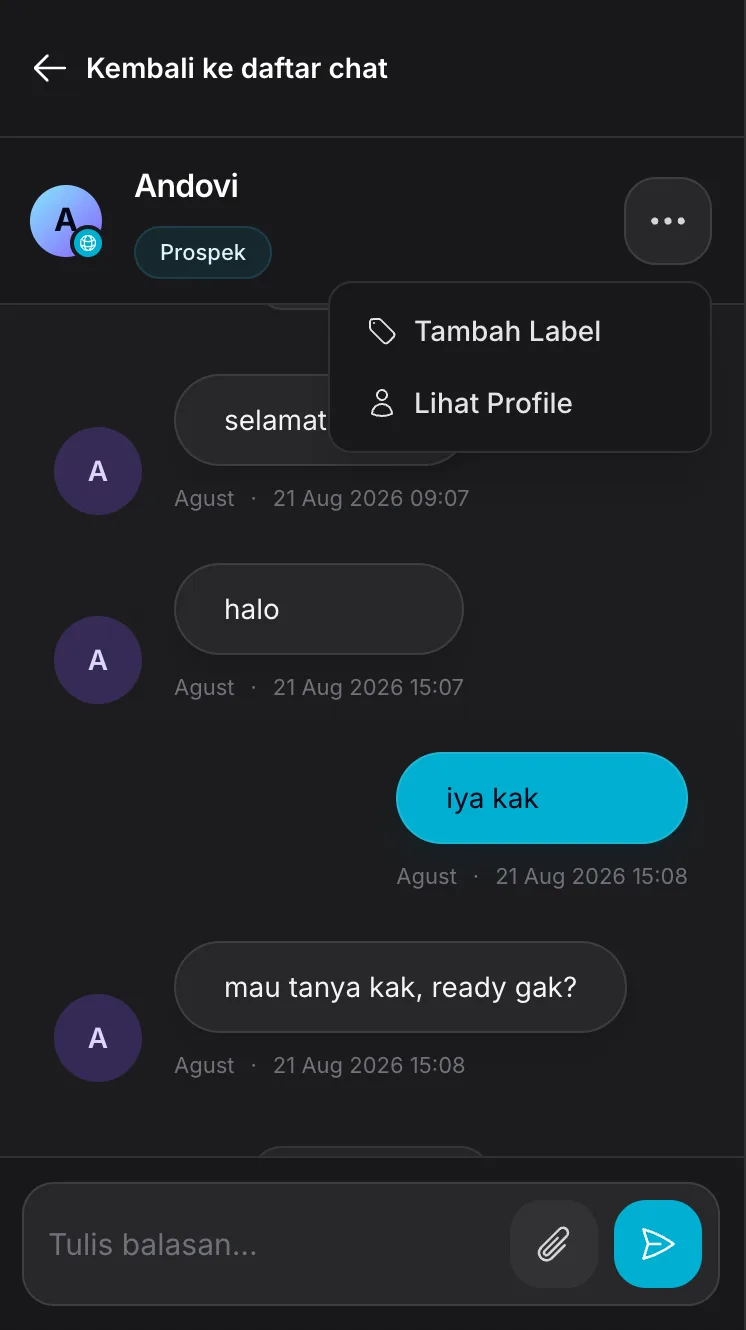 Inbox chat pelanggan di dashboard Ckout
