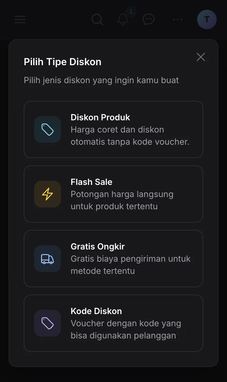 Pilihan tipe diskon di dashboard Ckout