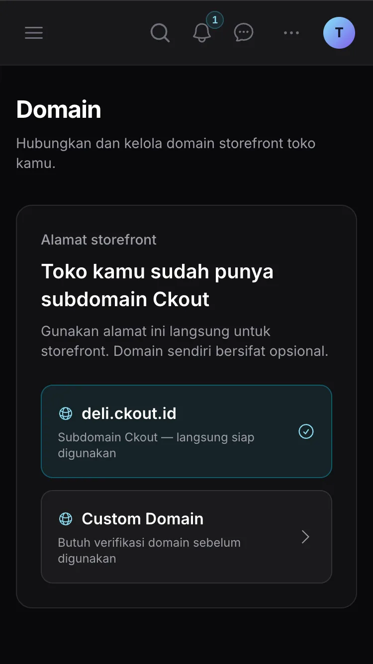 Halaman pengaturan domain Ckout