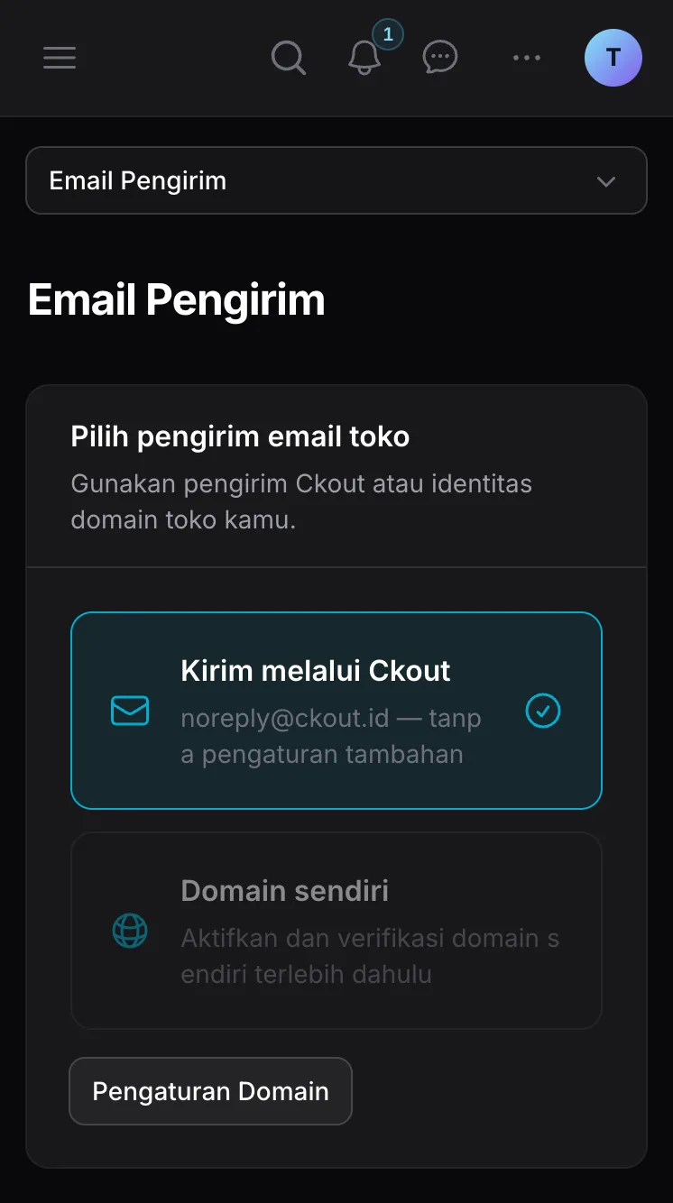 Halaman pengaturan email pengirim Ckout