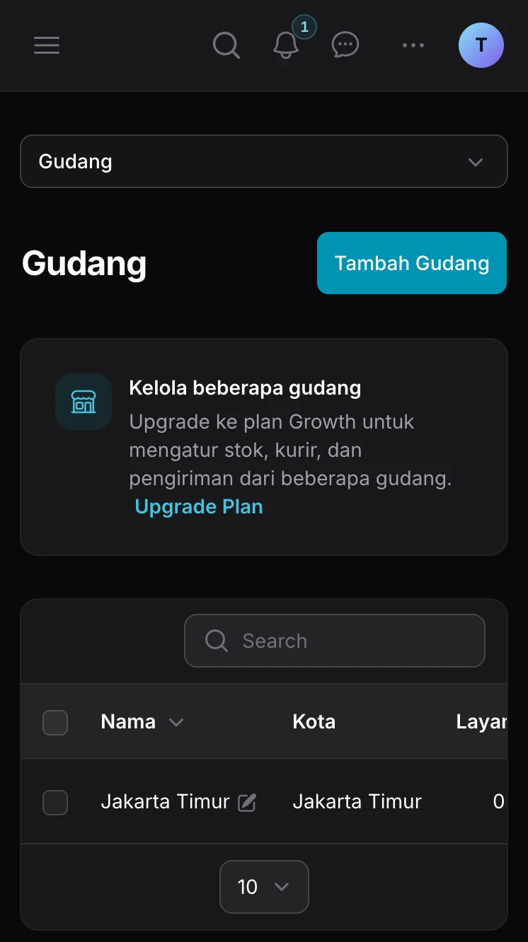 Halaman pengaturan gudang Deli