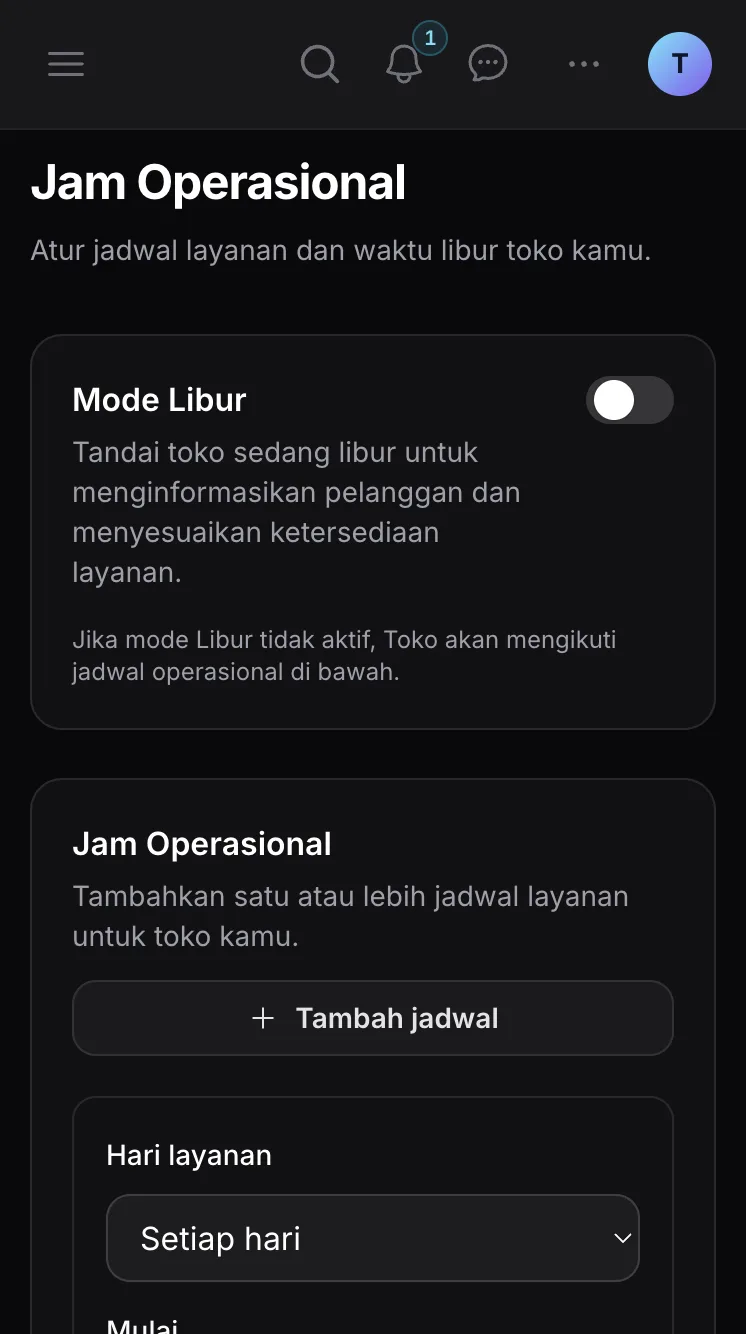 Halaman pengaturan jam operasional Ckout