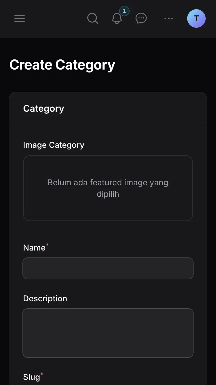 Form membuat kategori produk di dashboard Ckout