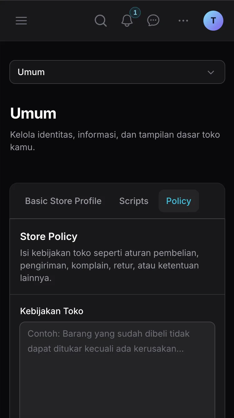 Tab Policy pada pengaturan toko Ckout