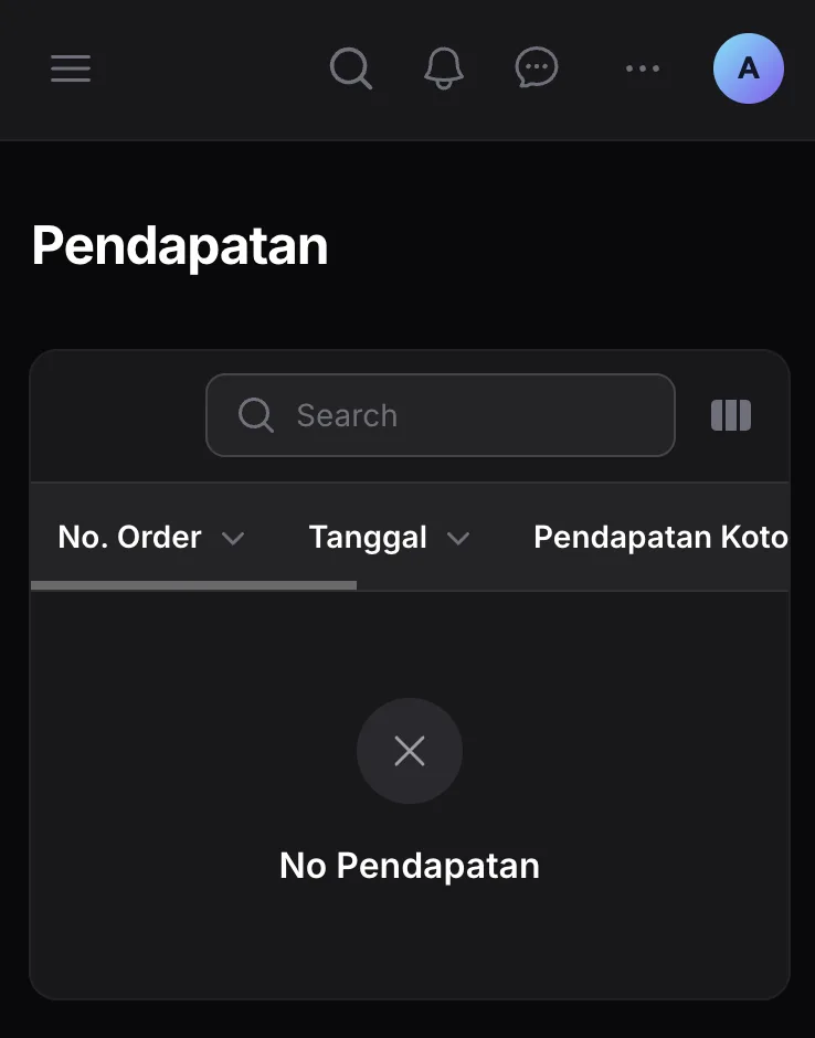 Halaman Pendapatan di dashboard toko