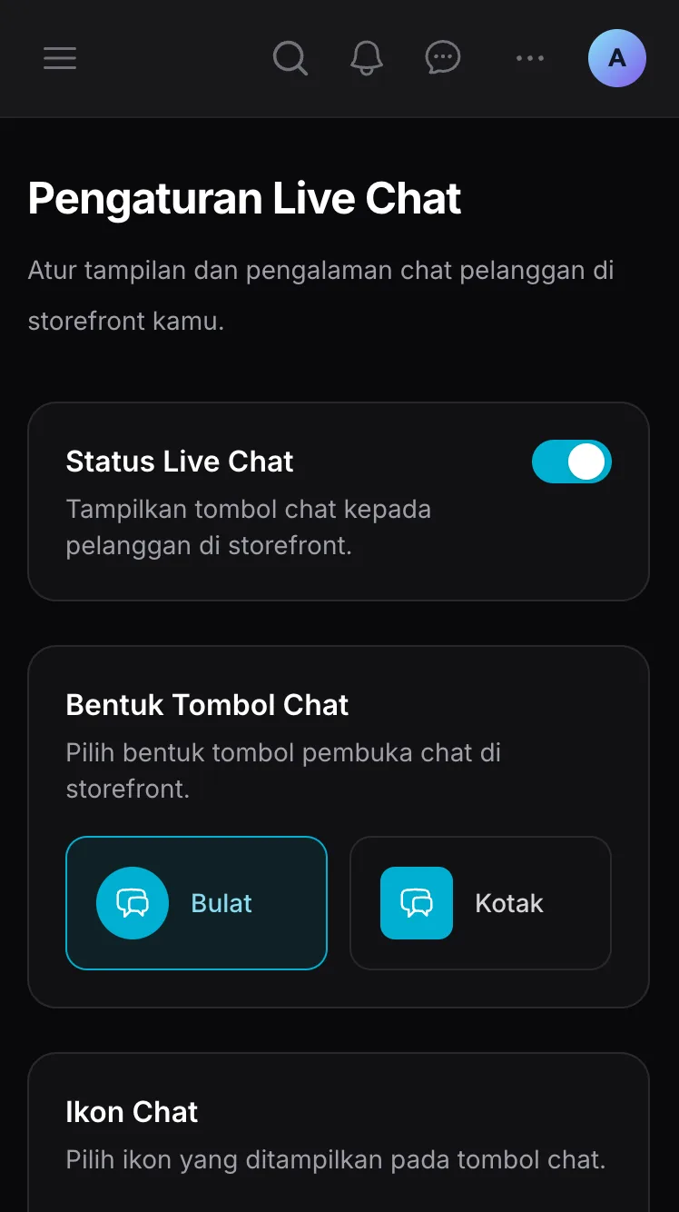 Halaman Pengaturan Live Chat di dashboard Ckout
