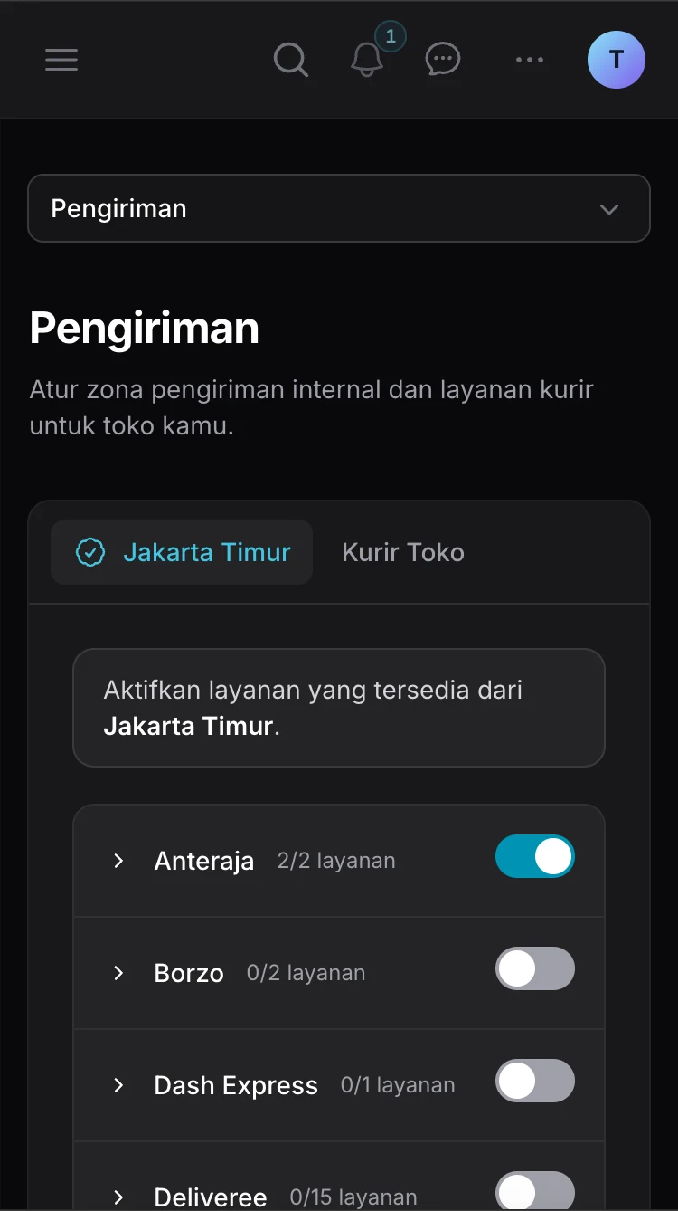 Halaman pengaturan pengiriman Ckout