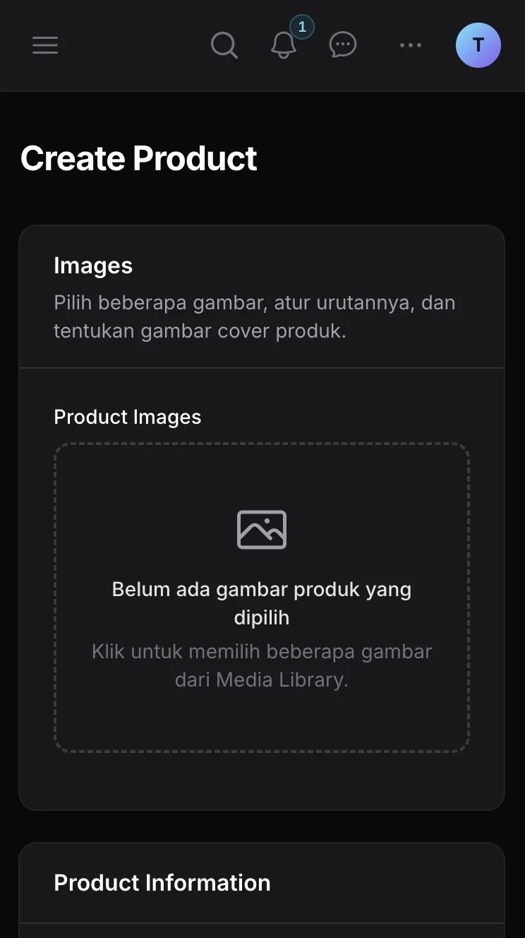Form membuat produk di dashboard Ckout