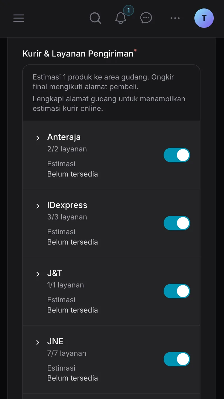 Pengaturan berat, dimensi, dan layanan pengiriman produk di Ckout