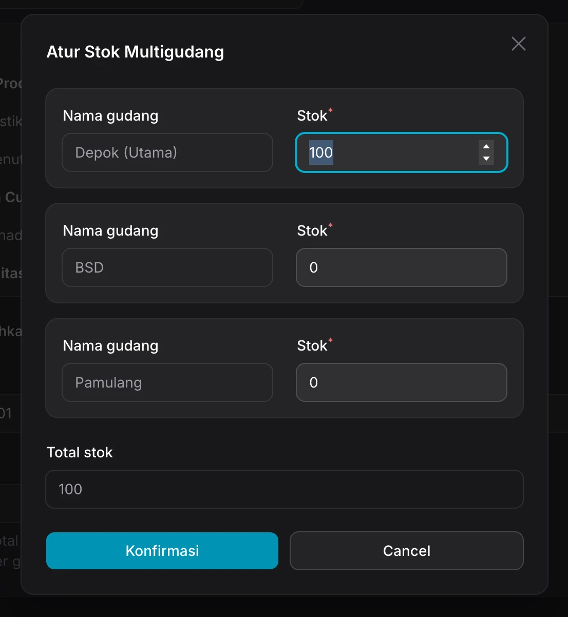 Modal Atur Stok Multigudang di Ckout