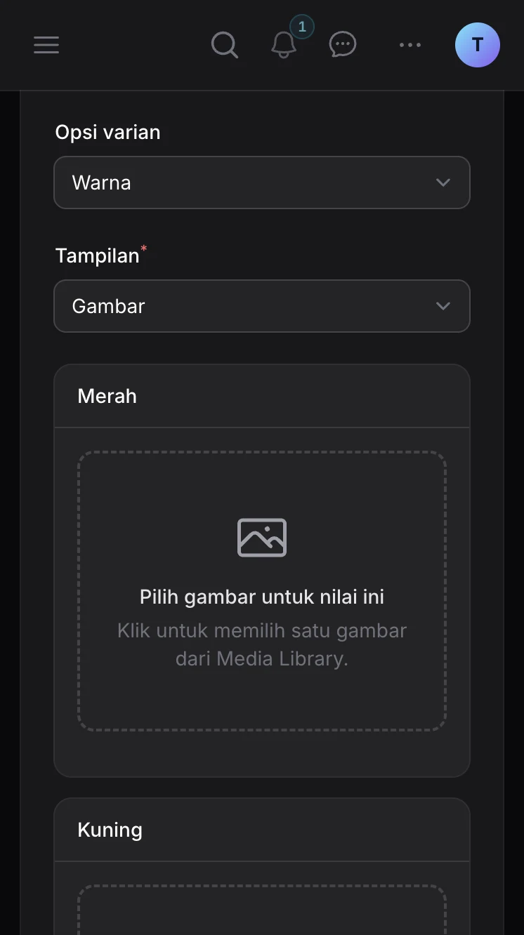 Pengaturan opsi, tabel, dan tampilan varian produk di Ckout