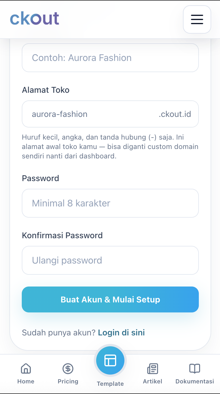 Halaman registrasi Ckout