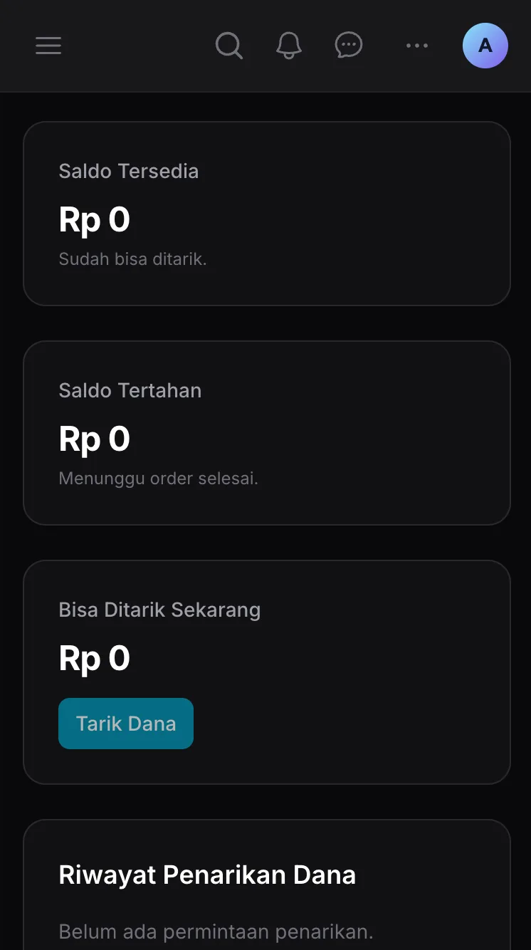 Halaman Saldo Toko di dashboard Ckout