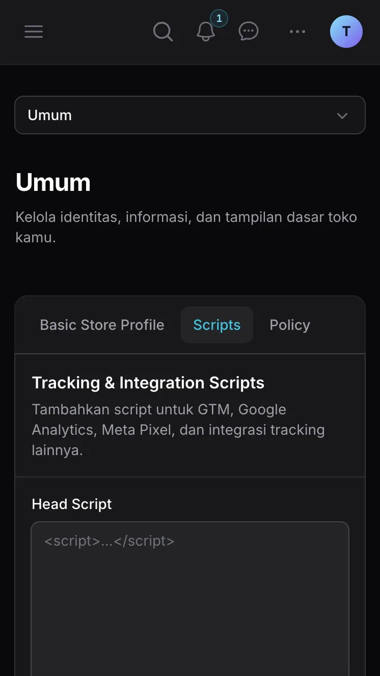 Tab Scripts pada pengaturan toko Ckout
