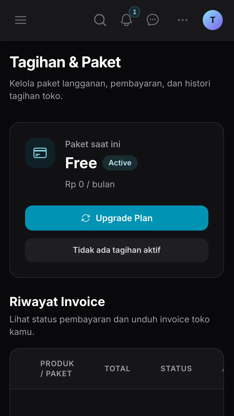 Halaman Tagihan dan Paket Ckout