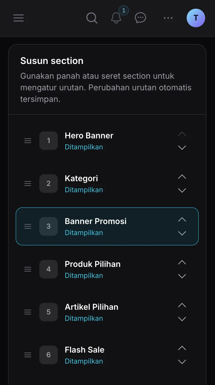 Halaman pengaturan tampilan beranda Ckout