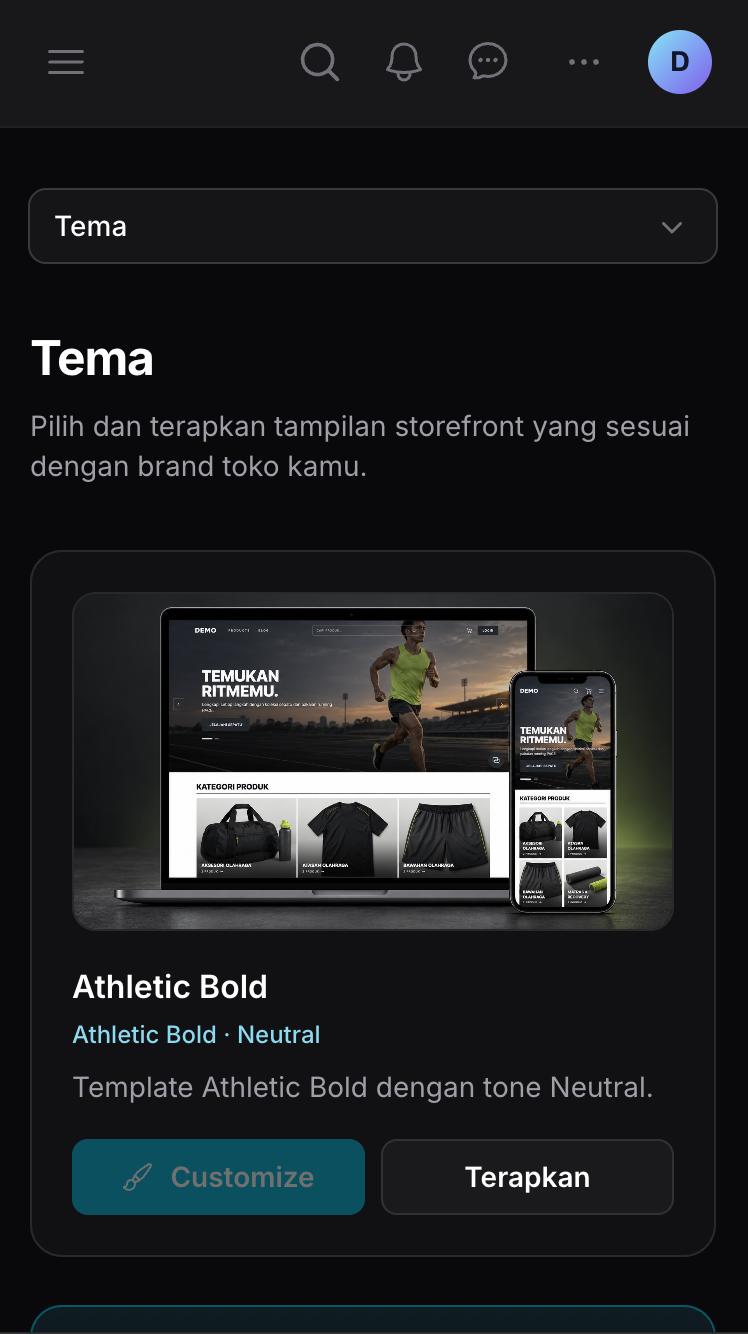 Halaman Pengaturan Tema Ckout untuk memilih, menerapkan, dan menyesuaikan tema toko