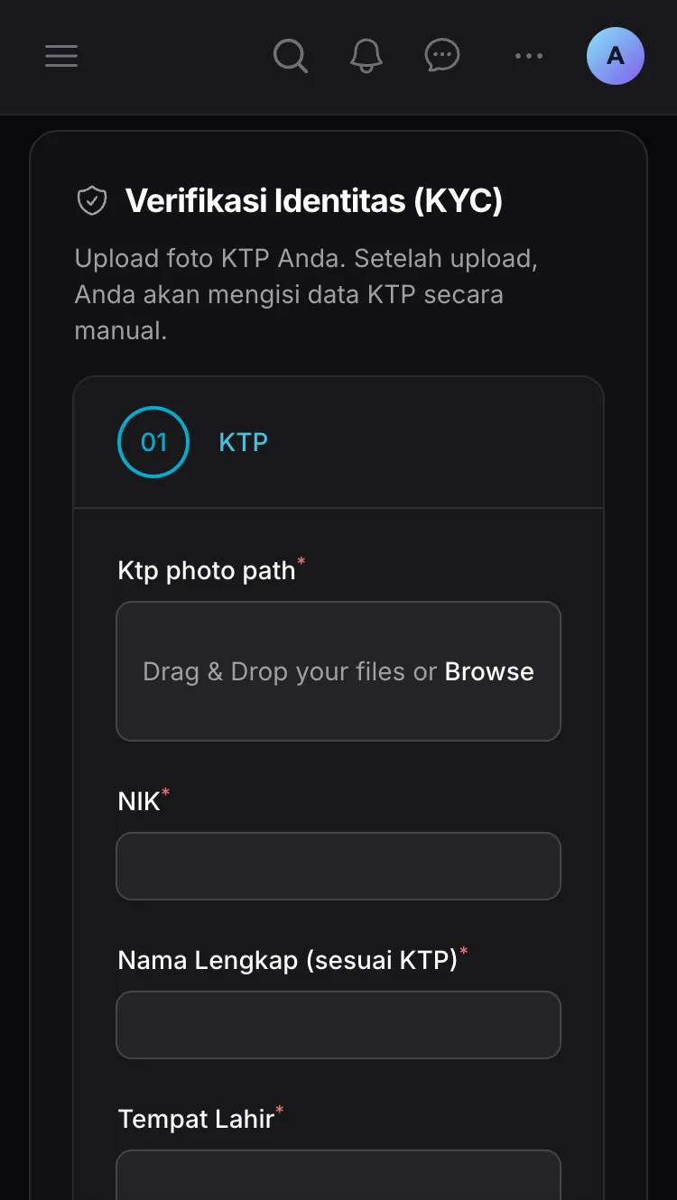 Form Verifikasi Identitas KYC di dashboard Ckout